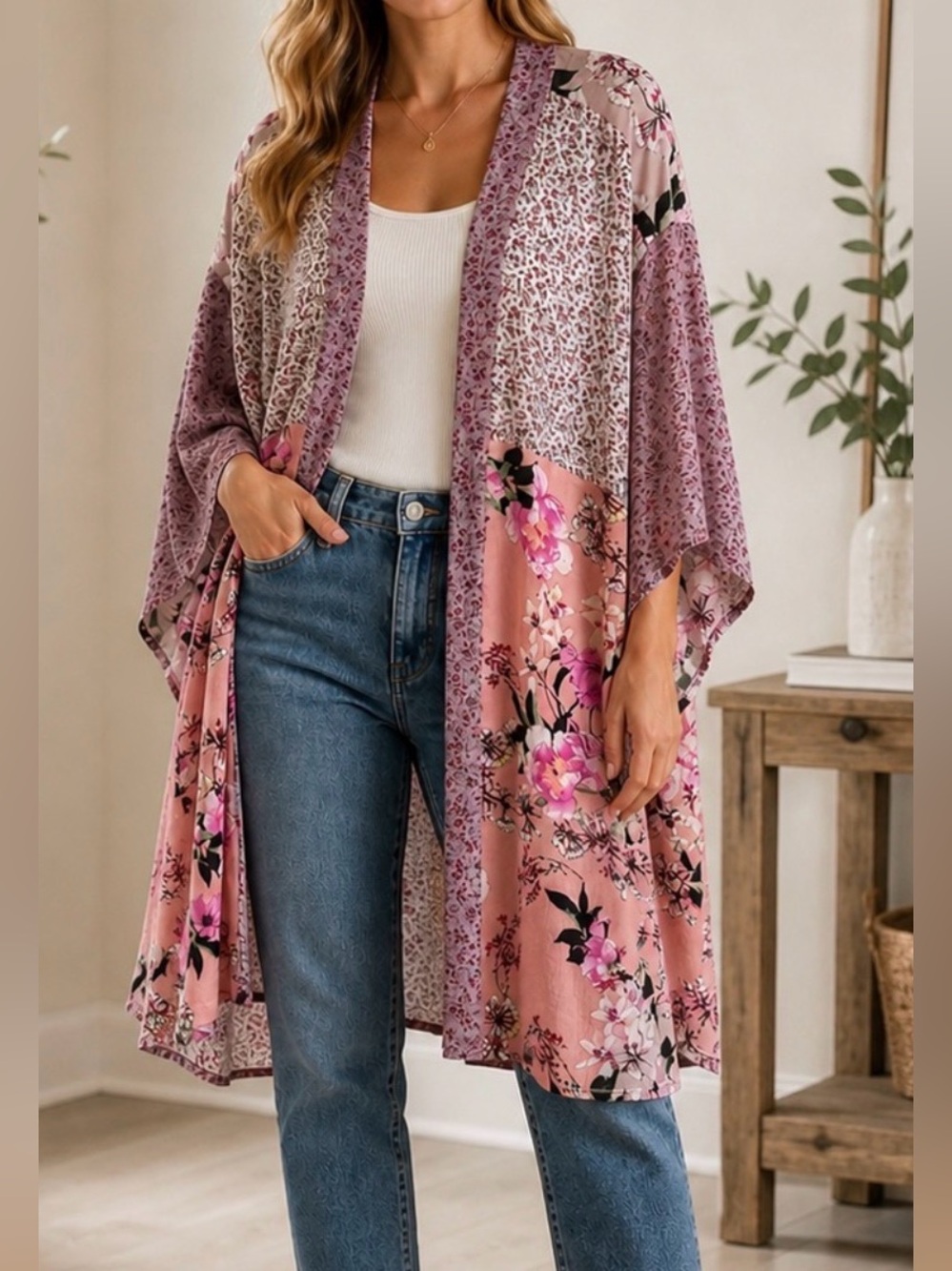 Umgee BOHO Kimono Pink Floral Print Top with Green Leaf Accents